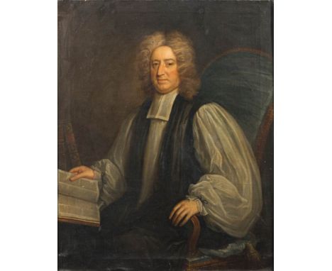 English School 18th Century-Portrait of a gentleman, said to be Bishop Gibson,:- three-quarter length seated, holding a leath