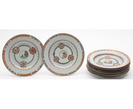 A set of ten Chinese famille verte plates: each painted with a central landscape medallion within three floral medallions, th