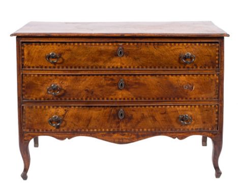 An 18th Century French Provincial walnut rectangular commode:, with chequer inlaid banding, the top with a moulded edge, cont