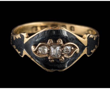 A Victorian 18ct gold, diamond and black enamelled ring: possibly circa 1874, the shank hallmarked with duty stamp and set wi