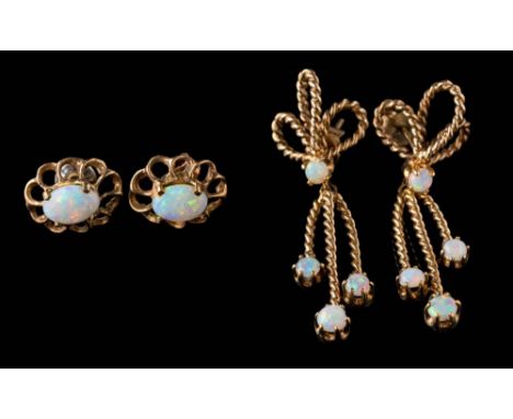 A pair of 9ct gold and opal drop earrings of rope twist design and a pair of opal single-stone ear studs.: