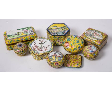 A group of eight Chinese Canton famille rose yellow-ground enamel boxes and covers and a miniature tray: decorated with figur
