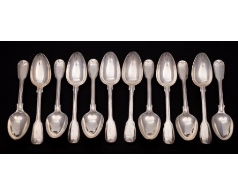 A set of nine George III silver double struck Fiddle and Thread dessert spoons, maker Paul Storr, London, 1816: initialled, t