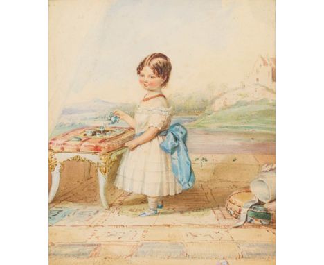 Mrs Mary Ann Musgrave, nee Heaphy [fl.1821-1847]-Portrait of a young girl with doll's tea set on a terrace,:-signed bottom le