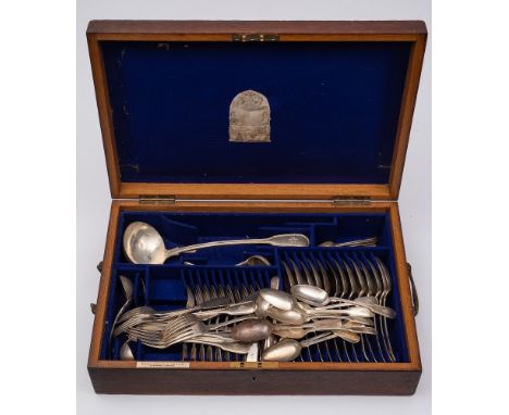 A matched silver fiddle and thread pattern flatware service, various makers and dates: monogrammed, includes thirteen tablesp