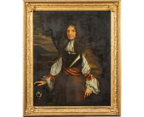Circle of Sir Peter Lely [1618-1680]-Portrait of a gentleman,:- three-quarter length standing,with long dark wig and blue eye