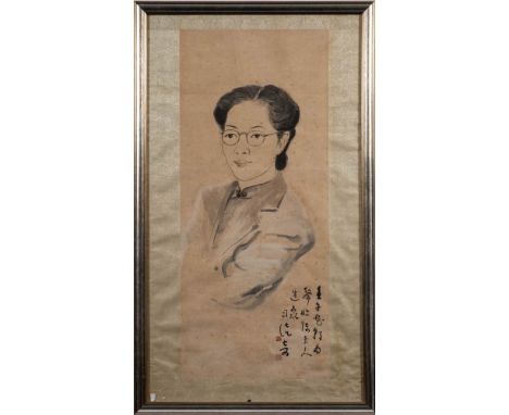 A Chinese painting, signed Situ Qi: a portrait of Lady Chen with arms folded, inscribed, 82 x 36.