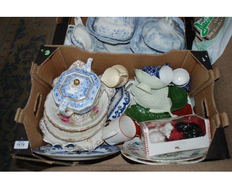 A quantity of china including 'Scottie & Paws' egg cups, Spode clock, Royal Doulton blue and white lidded pot 'Real Old Willo