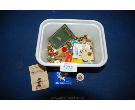 A quantity of Enamel Badges including 'Nottingham Speedway Outlaws', Betty Boop, various Disney characters, 'Action Heart', e