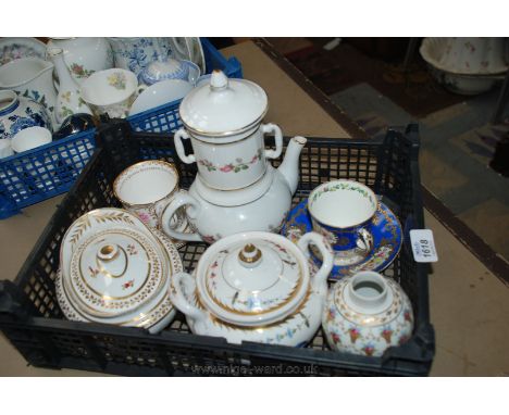 A quantity of china including a tea infuser Apilio France, a small Dresden hand signed Ginger Jar/tea canister with top missi