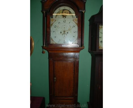 A Georgian Oak and Mahogany longcase Clock having brass finial central to the swan pediment hood with single pane glazed door