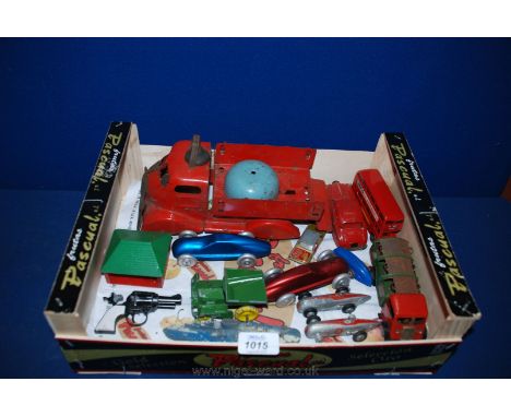 A quantity of old toys including Triang Minic dustcart, large tinplate Fire Truck, MkVII Jaguar saloon, two Dinky streamlined