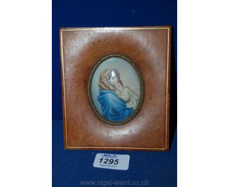 A Portrait Miniature of Mother and Child in a leather frame.