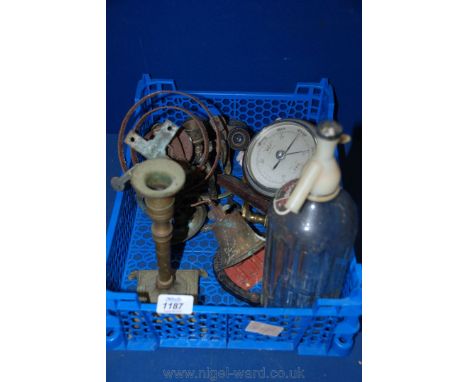 A quantity of miscellanea including Soda Bottle by Schweppes, Oak mounted circular Barometer, large brass Candlestick, two sm