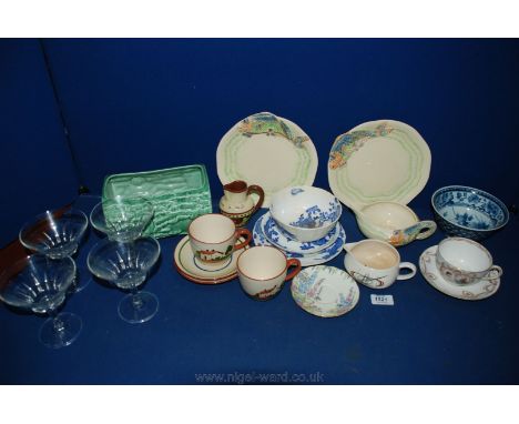 A quantity of china including Torquayware, green Sylvac plater,  oriental blue and white bowl, Royal Doulton cup and saucer, 