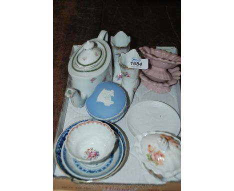 A small quantity of china including a floral pair of boots, a Wedgwood trinket pot and lid, a pair of Longhan trinket bowls, 