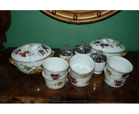 Two small Royal Worcester 'Evesham' vegetable Dishes and lids, six small ramekin dishes, and three egg coddlers.