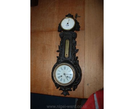 A cast bronze Wall Clock, aneroid Barometer and Thermometer, (thermometer missing) with key.