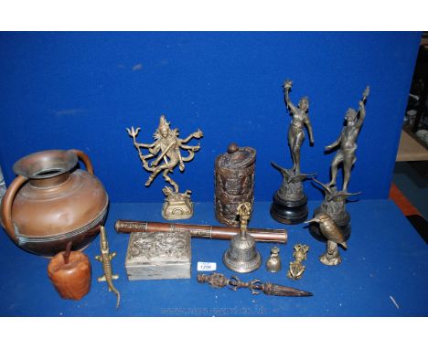 A quantity of miscellanea including lidded pot, scroll holder, ceremonial bell, statues, box, kingfisher, crocodile nut crack