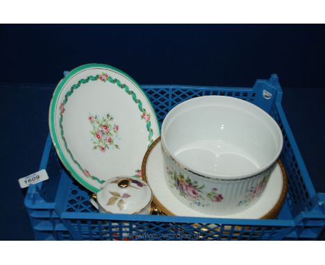 A quantity of china including six Royal Worcester gilt edged dinner plates, Royal Worcester floral souffle dish, Royal Worces