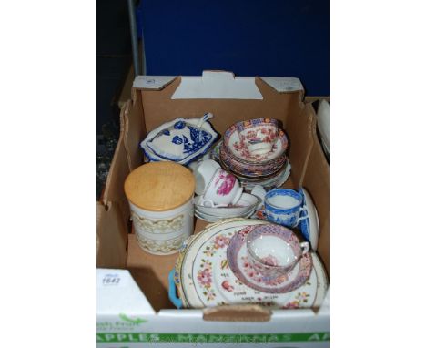 A quantity of china including Blaire & Co., Hornsea lidded storage Jar, Ironstone serving dish, ladle and stand in blue and w