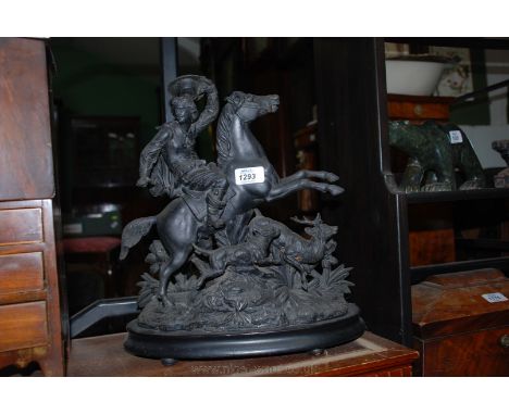 A Spelter figure of a hunting scene with horse and rider and hound chasing deer, as found.