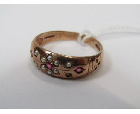 VINTAGE 9ct ROSE GOLD RUBY &amp; SEED PEARL RING, size Q/R 