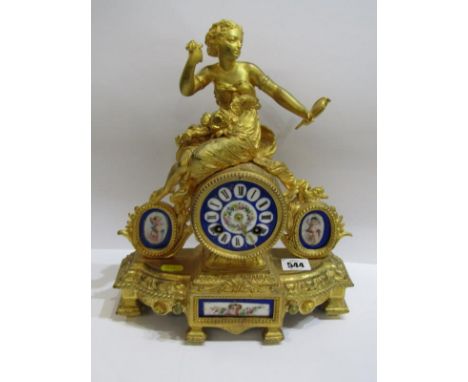 19th CENTURY FRENCH MANTEL CLOCK, ormolu cased mantel clock with inset Sevres-style panels with young lady and mirror crestin