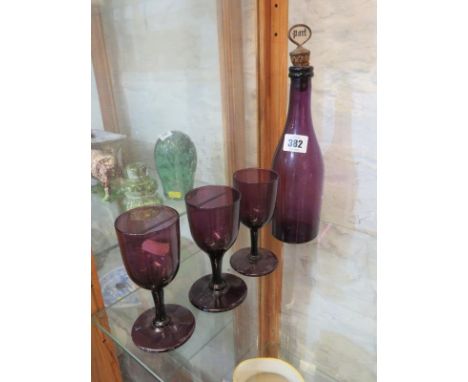 ANTIQUE GLASSWARE, amethyst glass decanter bottle with port stopper and 3 matching stem wines 