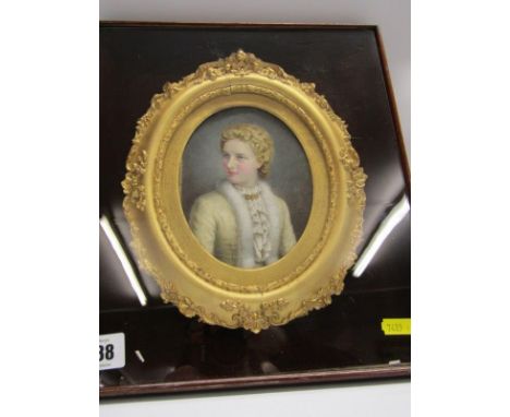 VICTORIAN OVAL PORTRAIT, "Young Lady with white fur trimmed jacket" in gilt frame, 15cm x 11cm 
