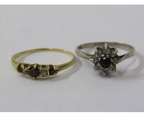 18ct YELLOW GOLD RUBY &amp; DIAMOND 5 STONE RING, approx. 1.5 grams, size R/S,together with white metal, white and blue stone