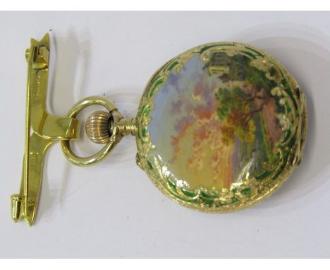 FOB WATCH, 18ct yellow gold enamelled lady's fob watch, with 9ct gold ribbon brooch style pin, movement appears to be in work