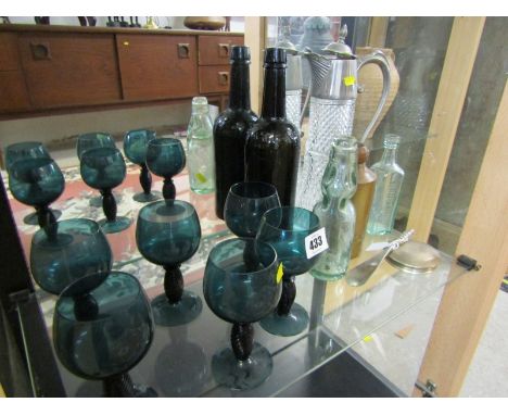 GLASSWARE, set of 6 emerald glass stem goblets; also codd bottle by Hicks of St Austell together with silver vanity jar lid, 