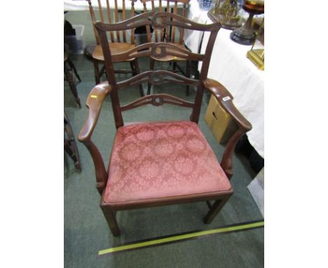 CHIPPENDALE DESIGN MAHOGANY ELBOW CHAIR, carved pierced ladder back design with inset cushion and H stretcher 
