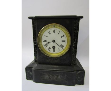 ANTIQUE BLACK MARBLE MANTEL CLOCK with inlaid side panel, 23cm height 