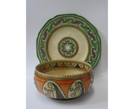 CHARLOTTE RHEAD, Crown Ducal bowl decorated with "Arabian Scroll" pattern, no 4926, 19cm diameter, together with green and si