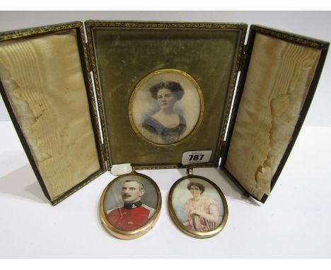 MINIATURES, Edwardian leather cased watercolour portrait "Young Lady in floral dress", also military gentleman portrait and 1