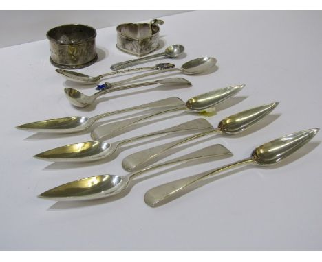 SILVER CUTLERY, 2 silver serviette rings, set of 6 silver grapefruit spoons and other silver cutlery, total weight 151 grams 