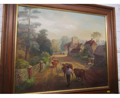 EDWARD POOLE, signed oil on board "Rustington - Herding the Cattle along Church Lane", 56cm x 66cm 
