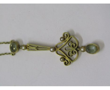 VINTAGE 15ct YELLOW GOLD SEED PEARL &amp; AQUAMARINE ART NOUVEAU DESIGN DROP PENDANT on belcher link necklace 
