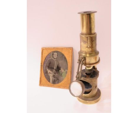 ANTIQUE MICROSCOPE, 19th Century Newton brass cased barreled microscope, 15cm height; also Victorian ambrotype portrait of se