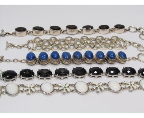 SILVER BRACELETS, selection of 5 stone set silver bracelets, various design including one with enamel, one lapis style, smoke