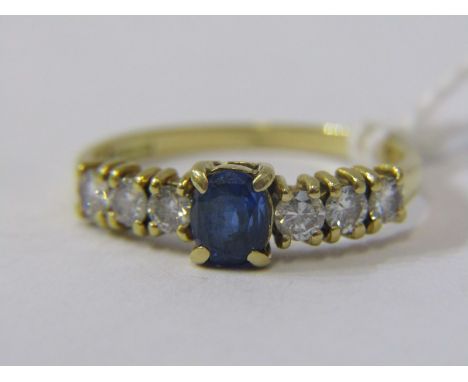 SAPPHIRE &amp; DIAMOND RING, 18ct yellow gold ring, set a central oval sapphire with 3 round brilliant cut diamonds to the sh