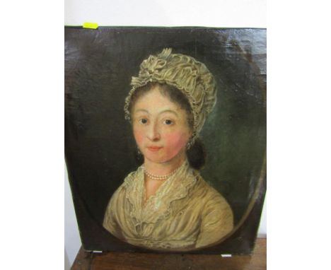 18th CENTURY ENGLISH SCHOOL, oil on canvas "Portrait of Gentle Lady with lace collar and pearl necklace", 47cm x 40cm 