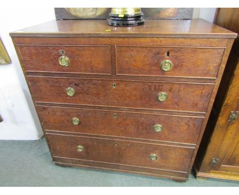 EARLY 19th CENTURY STRAIGHT FRONT OAK CHEST OF DRAWERS, 2 short, 3 long graduated drawers with brass ring drop handles, 92cm 