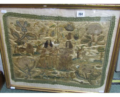 EARLY 18th CENTURY COLOURED SILK NEEDLEWORK PANEL, depicting Royalty Portrait in garden with exotic animals, 34cm x 46cm 