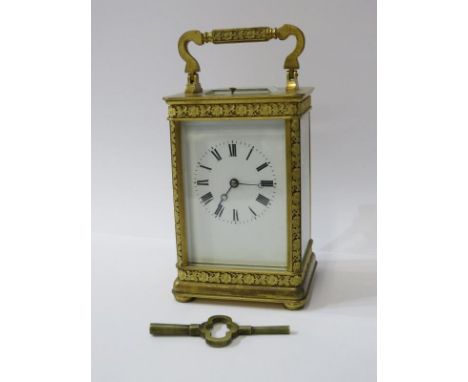 REPEATER CARRIAGE CLOCK, a fine floral bordered bevel glass carriage clock and key, 15cm height 