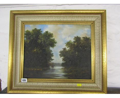 GRAHAM HEDGES, signed painting on canvas, "Moored Ship in a woodland creek", 30cm x 37cm 