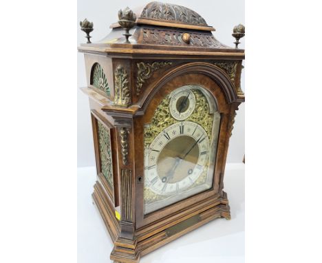 EDWARDIAN BRACKET CLOCK, a fine carved walnut case domed top bracket clock, stamped "Lenzkirch" with coiled bar strike and or
