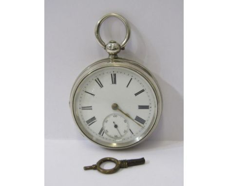 SILVER CASED POCKET WATCH with white enamel dial and secondary dial in engine turned decorated case with key wind movement an